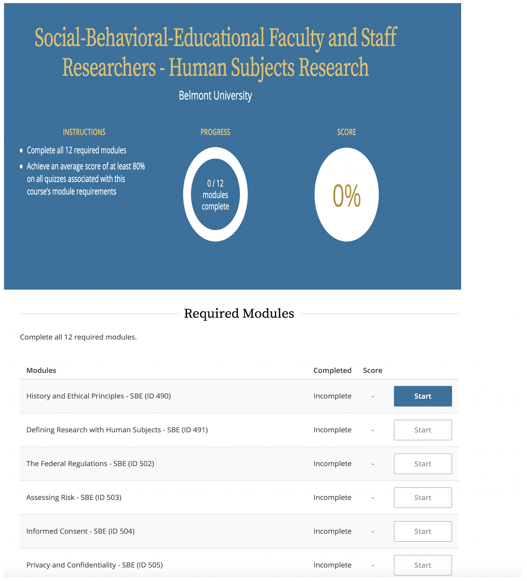 screen shot of page showing course progress and score